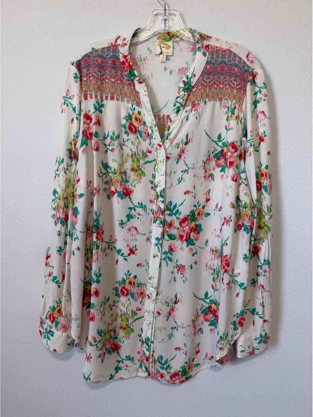 Fig and Flower Long Sleeve Button Front Floral/Ikat Semi-sheer Shirt Size XL